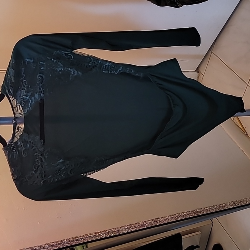 Women's Sexy Backless Lace Appliques Long Sleeve Bodysuit Green Small